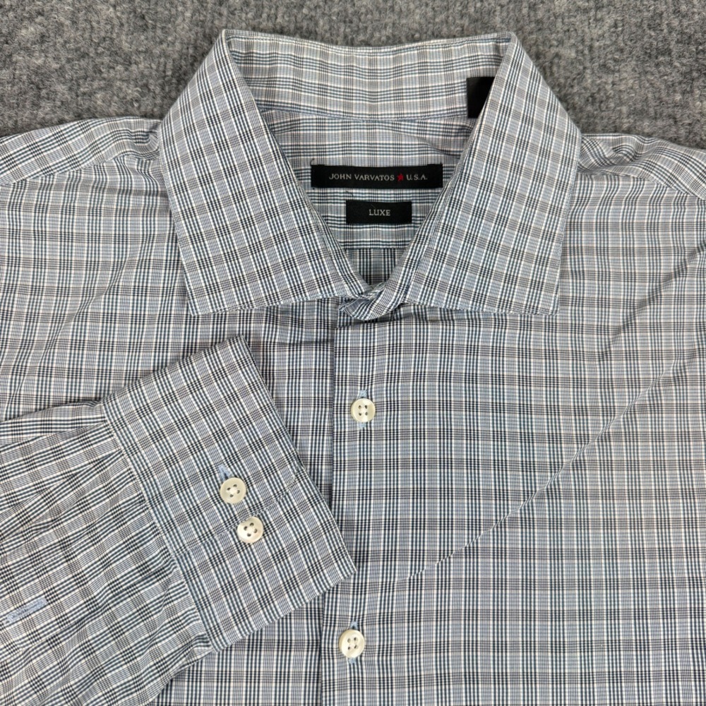 John Varvatos Luxe Plaid Dress Shirt Mens 17 Blue White Cotton Made in USA EUC